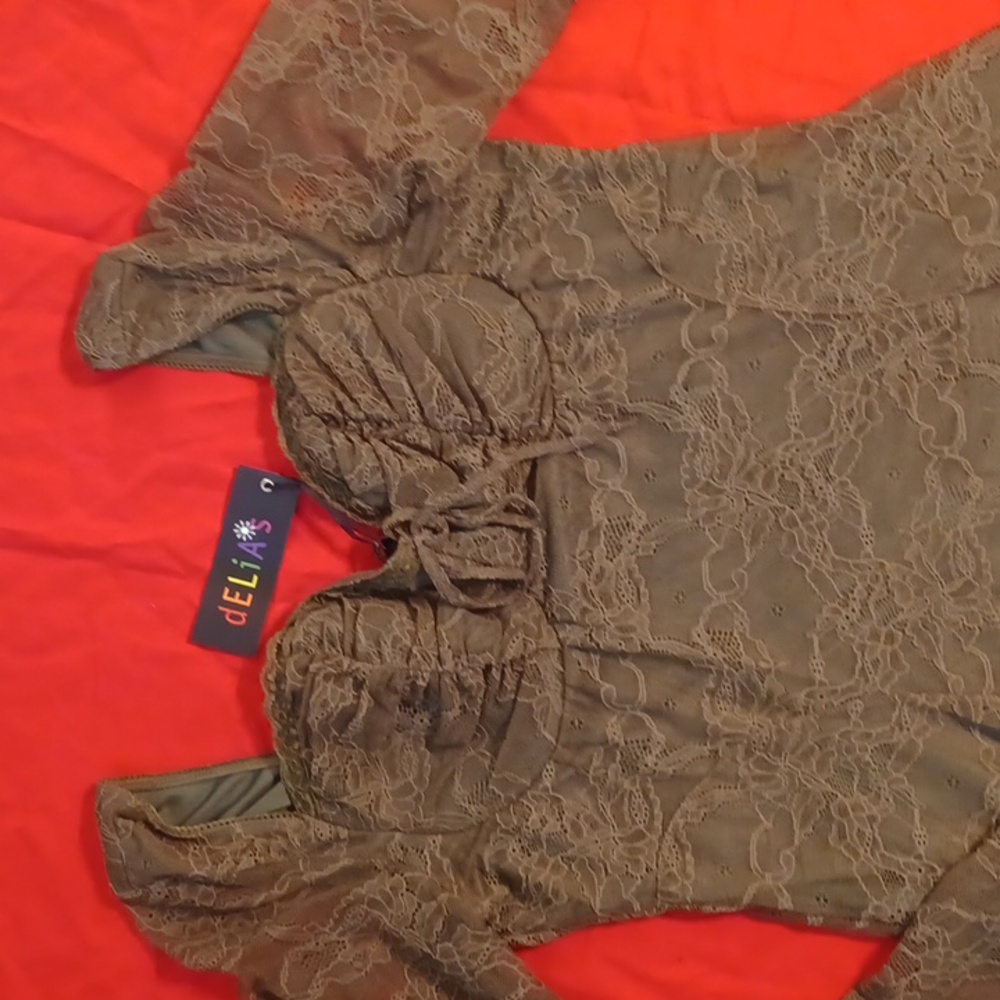 DOLLSKILL DELIAS AURA POINT LACE MINI BROWN 1X LONG SLEEVE SHEER LACE FULLY LINE